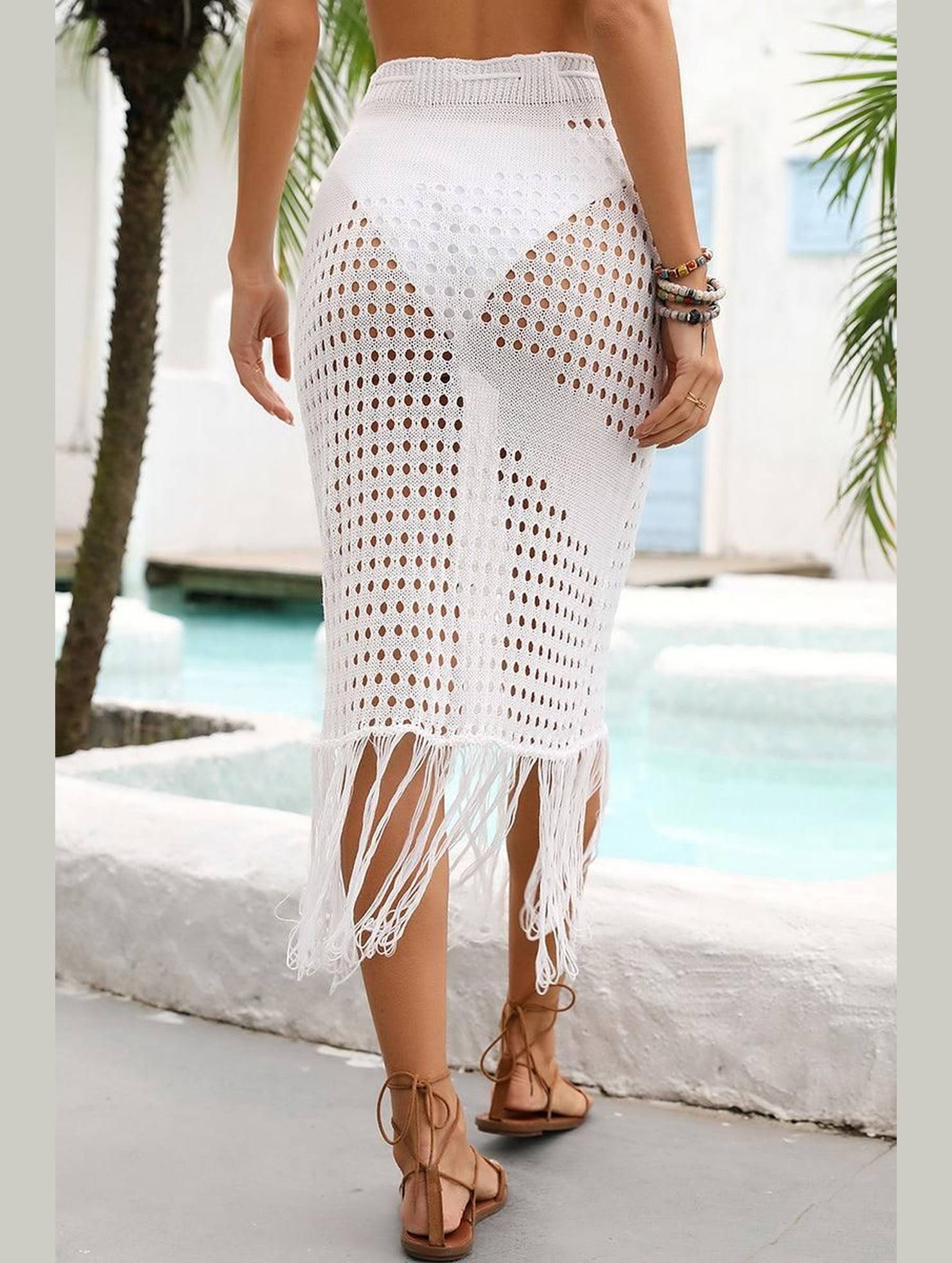 HOLLOW KNIT DRAWSTRING WAIST COVER UP SKIRT - Doublju