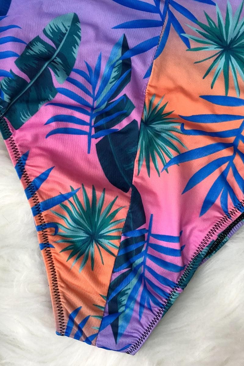 NATURE PRINTING HALF ZIP UP ONE PIECE SWIMSUIT - Doublju