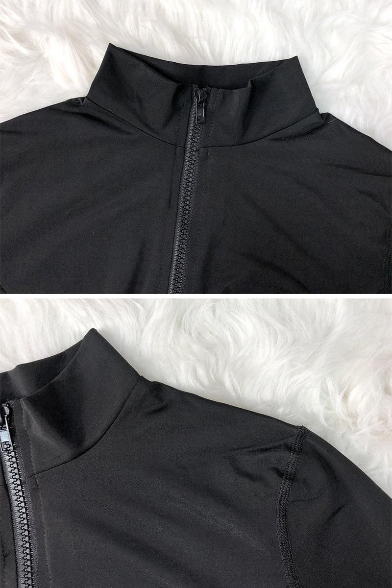 LONG SLEEVE ZIP UP TWO PIECE SWIMSUIT - Doublju