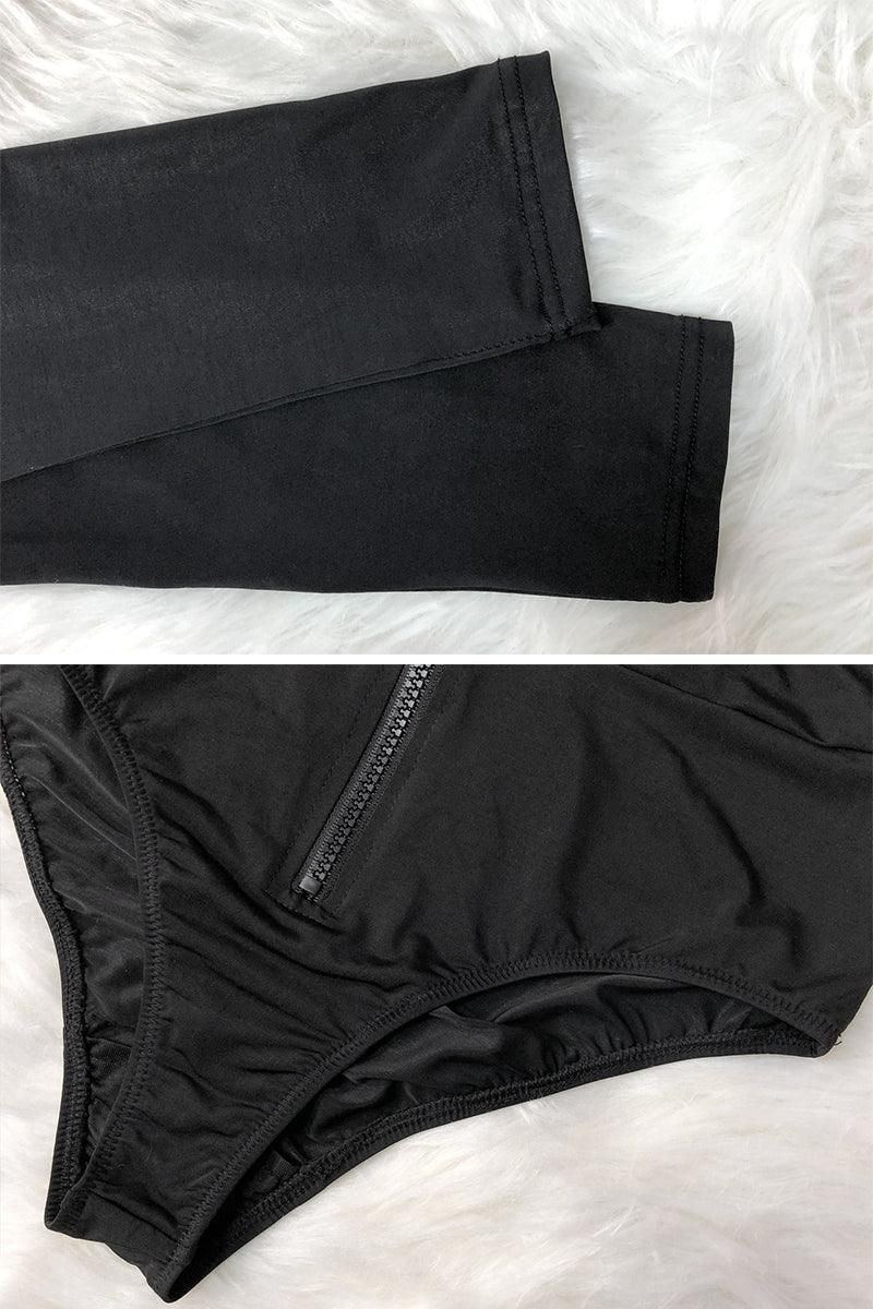 LONG SLEEVE ZIP UP TWO PIECE SWIMSUIT - Doublju