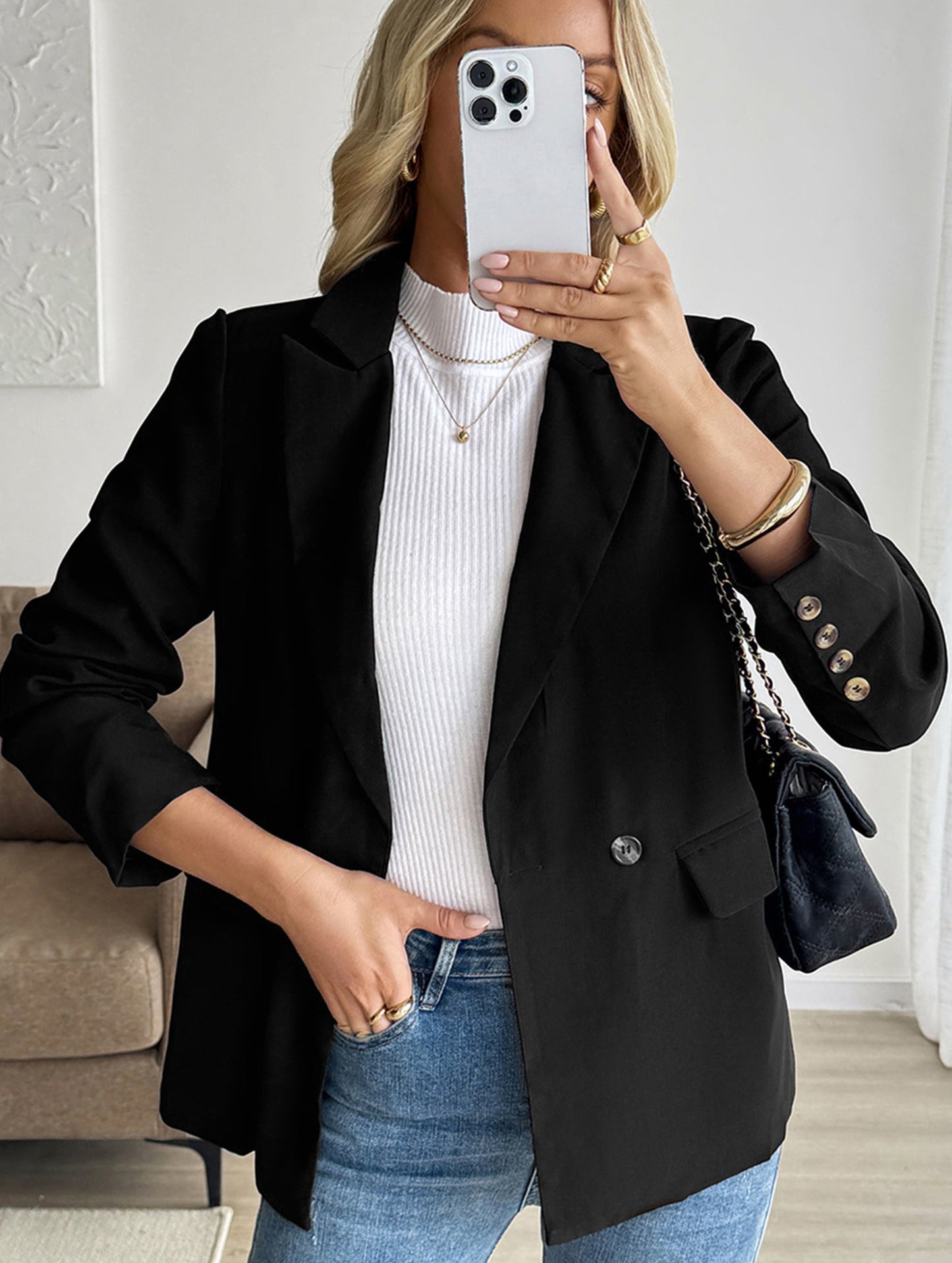 Commuting black suit with a lapel collar