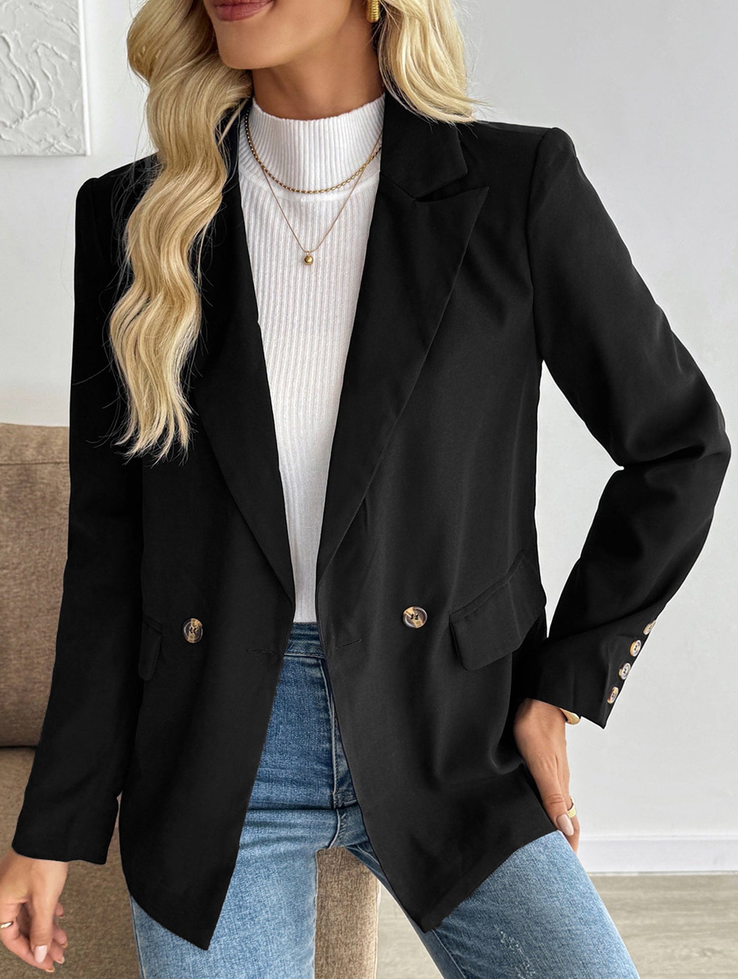 Commuting black suit with a lapel collar