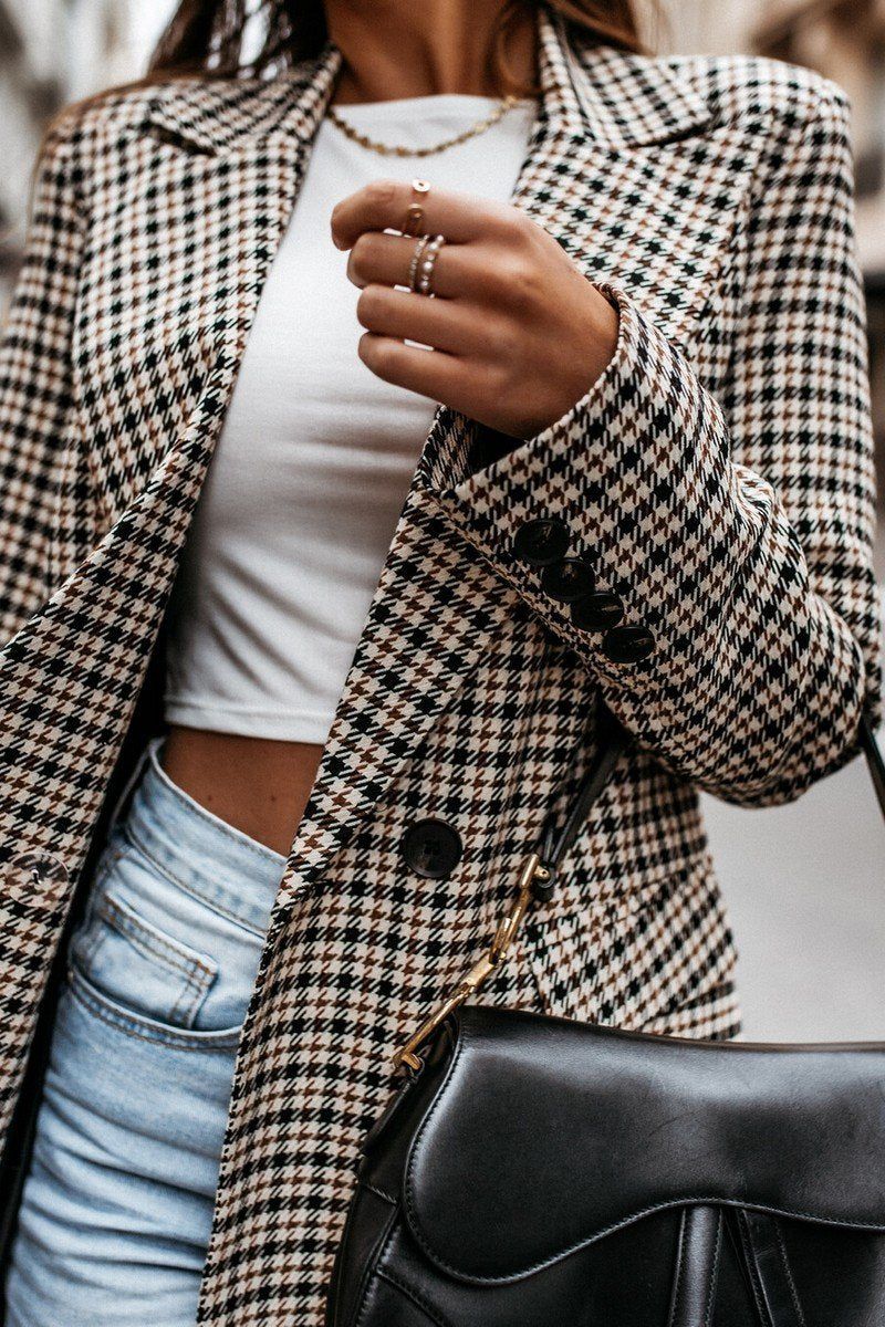 PLAID PATTERN OFFICE WORK BUTTONED BLAZER JACKET