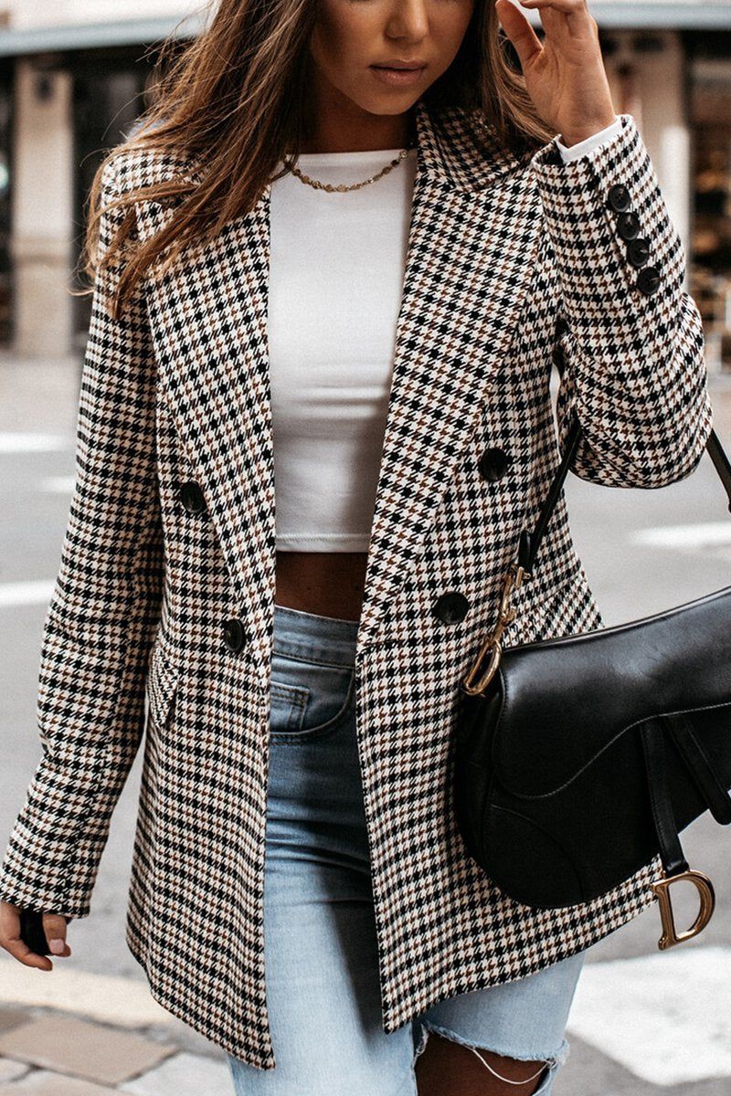 PLAID PATTERN OFFICE WORK BUTTONED BLAZER JACKET