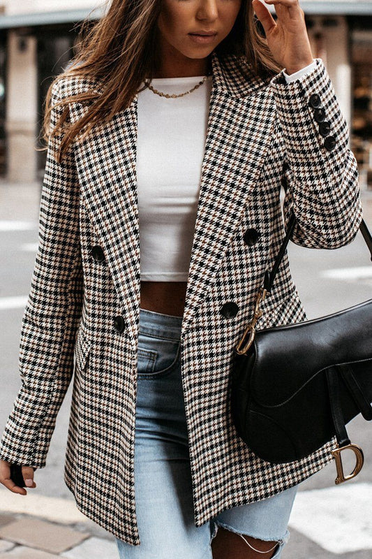 PLAID PATTERN OFFICE WORK BUTTONED BLAZER JACKET