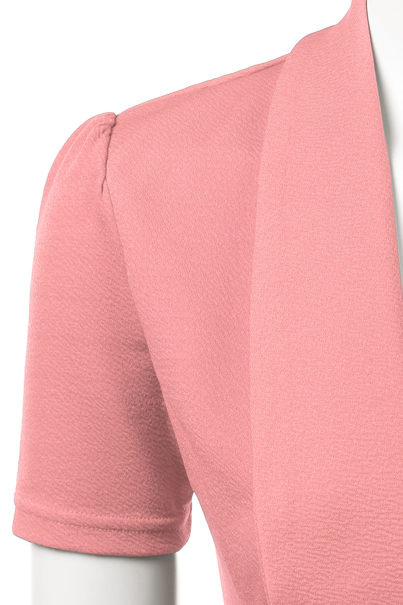 WOMENS SHORT SLEEVE SUMMER BLAZER STRETCH LIGHTWEIGHT OPEN FRONT DRAPED RUFFLES BLOUSES CARDIGAN WITH PLUS SIZE(S-3X)