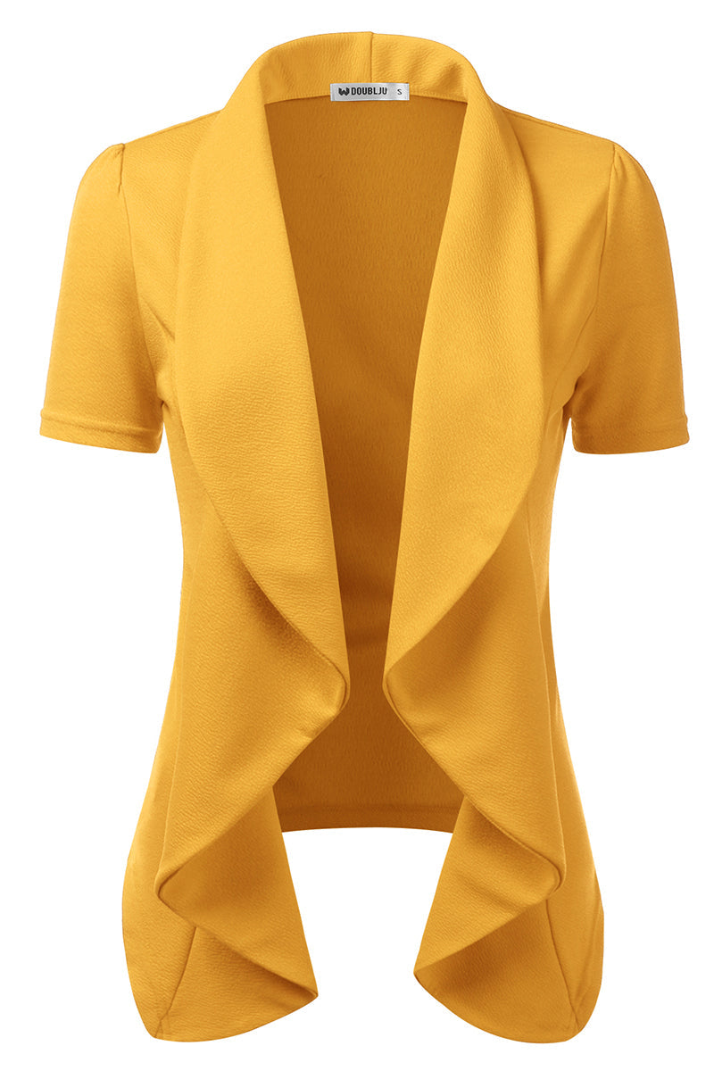 WOMENS SHORT SLEEVE SUMMER BLAZER STRETCH LIGHTWEIGHT OPEN FRONT DRAPED RUFFLES BLOUSES CARDIGAN WITH PLUS SIZE(S-3X)