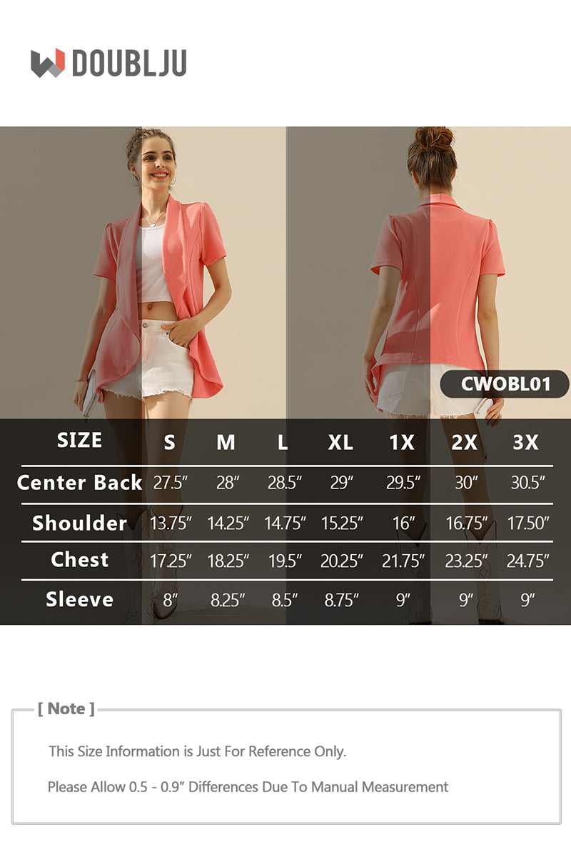 WOMENS SHORT SLEEVE SUMMER BLAZER STRETCH LIGHTWEIGHT OPEN FRONT DRAPED RUFFLES BLOUSES CARDIGAN WITH PLUS SIZE(S-3X)