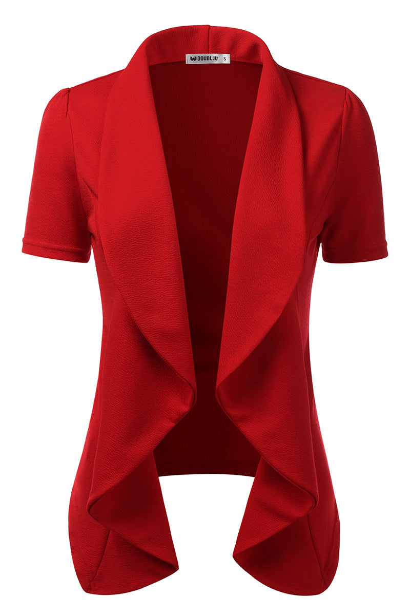 WOMENS SHORT SLEEVE SUMMER BLAZER STRETCH LIGHTWEIGHT OPEN FRONT DRAPED RUFFLES BLOUSES CARDIGAN WITH PLUS SIZE(S-3X)