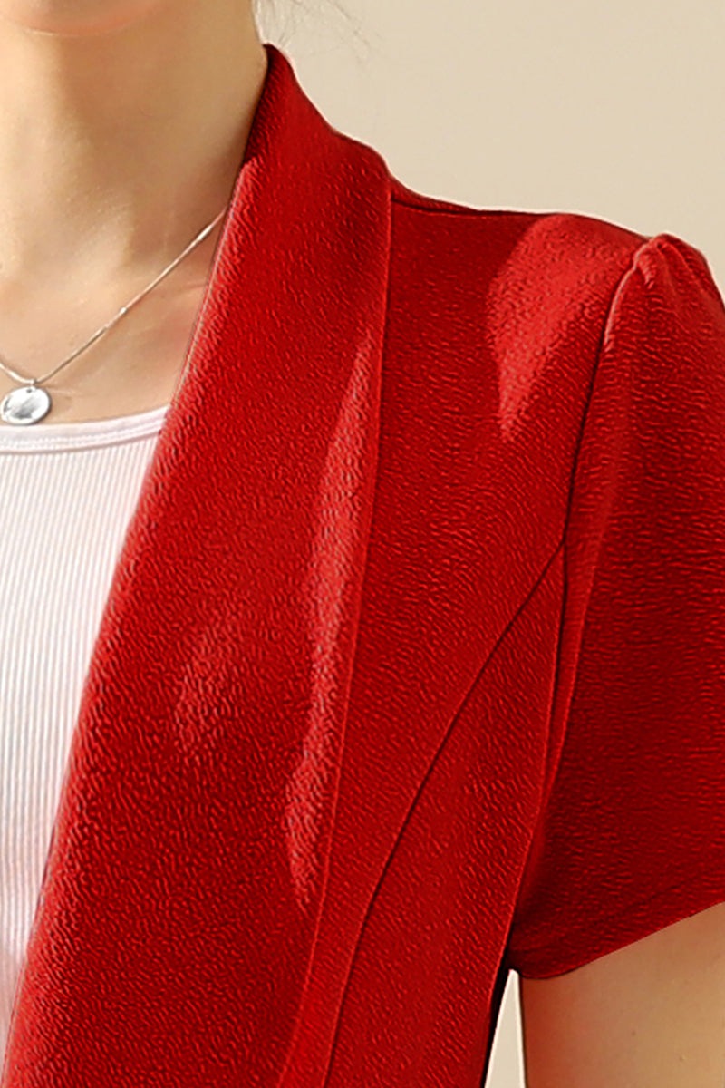 WOMENS SHORT SLEEVE SUMMER BLAZER STRETCH LIGHTWEIGHT OPEN FRONT DRAPED RUFFLES BLOUSES CARDIGAN WITH PLUS SIZE(S-3X)