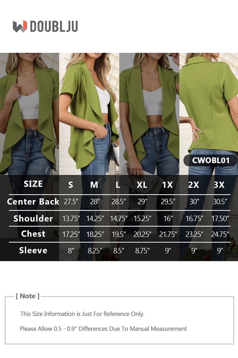 WOMENS SHORT SLEEVE SUMMER BLAZER STRETCH LIGHTWEIGHT OPEN FRONT DRAPED RUFFLES BLOUSES CARDIGAN WITH PLUS SIZE(S-3X)