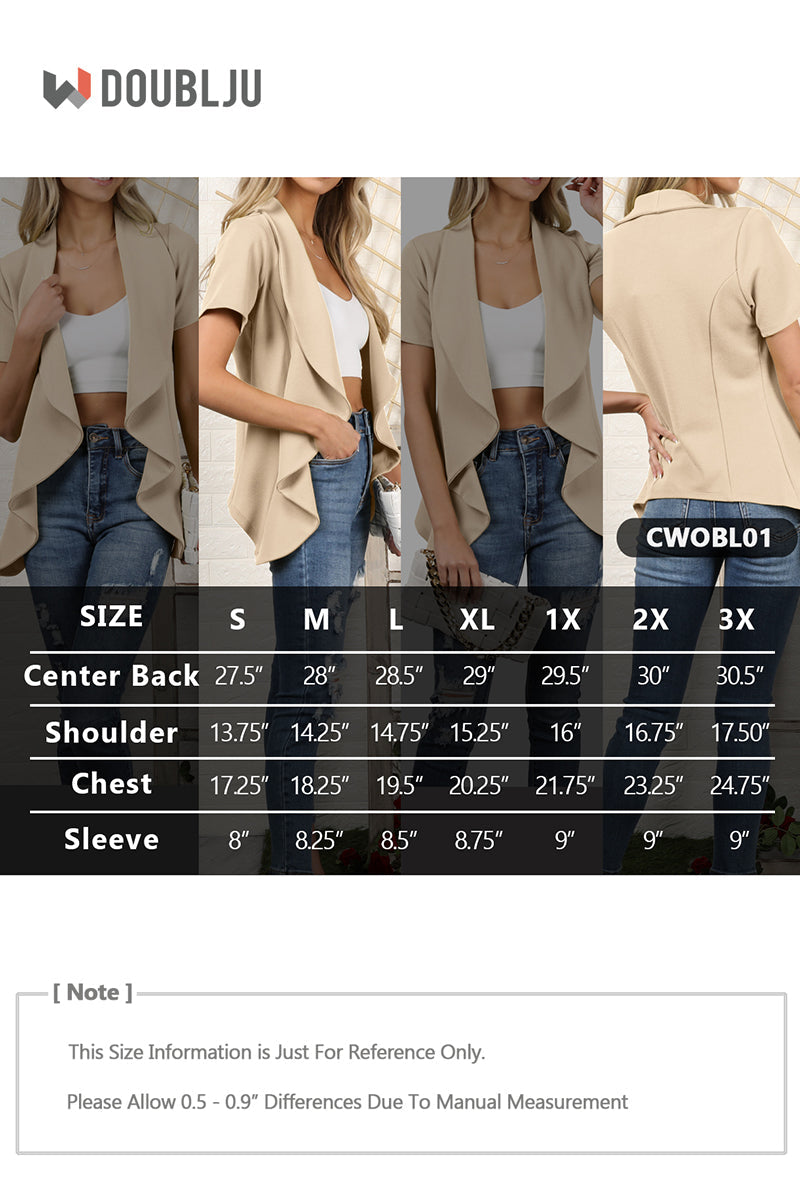 WOMENS SHORT SLEEVE SUMMER BLAZER STRETCH LIGHTWEIGHT OPEN FRONT DRAPED RUFFLES BLOUSES CARDIGAN WITH PLUS SIZE(S-3X)