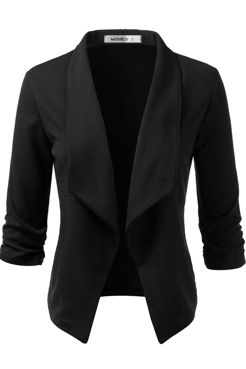 WOMEN'S CASUAL WORK RUCHED 3/4 SLEEVE OPEN FRONT BLAZER JACKET WITH PLUS SIZE