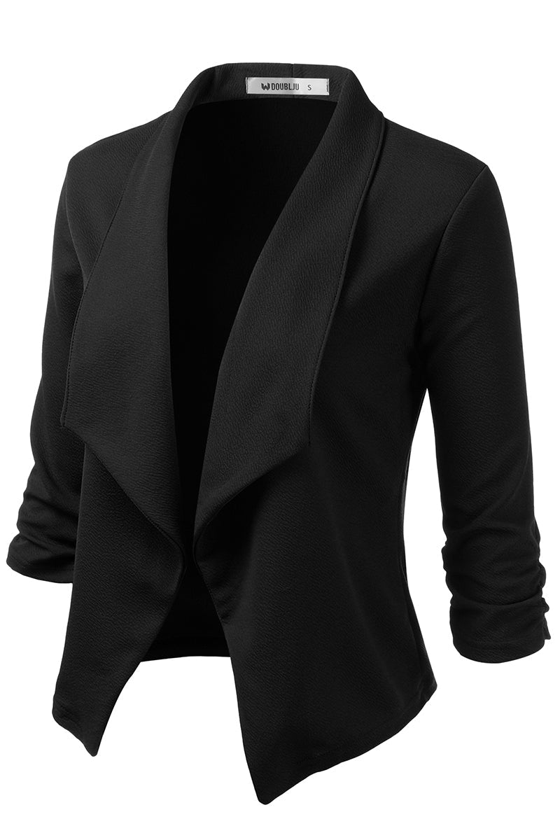 WOMEN'S CASUAL WORK RUCHED 3/4 SLEEVE OPEN FRONT BLAZER JACKET WITH PLUS SIZE