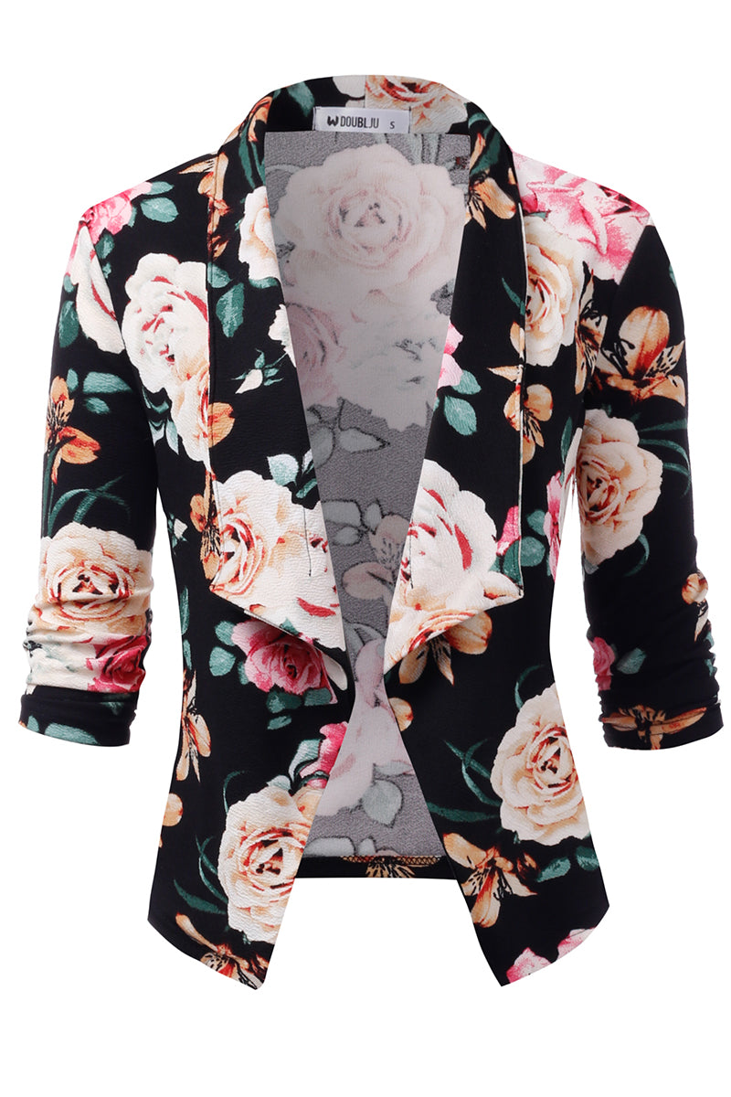 WOMEN'S CASUAL WORK RUCHED 3/4 SLEEVE OPEN FRONT BLAZER JACKET WITH PLUS SIZE