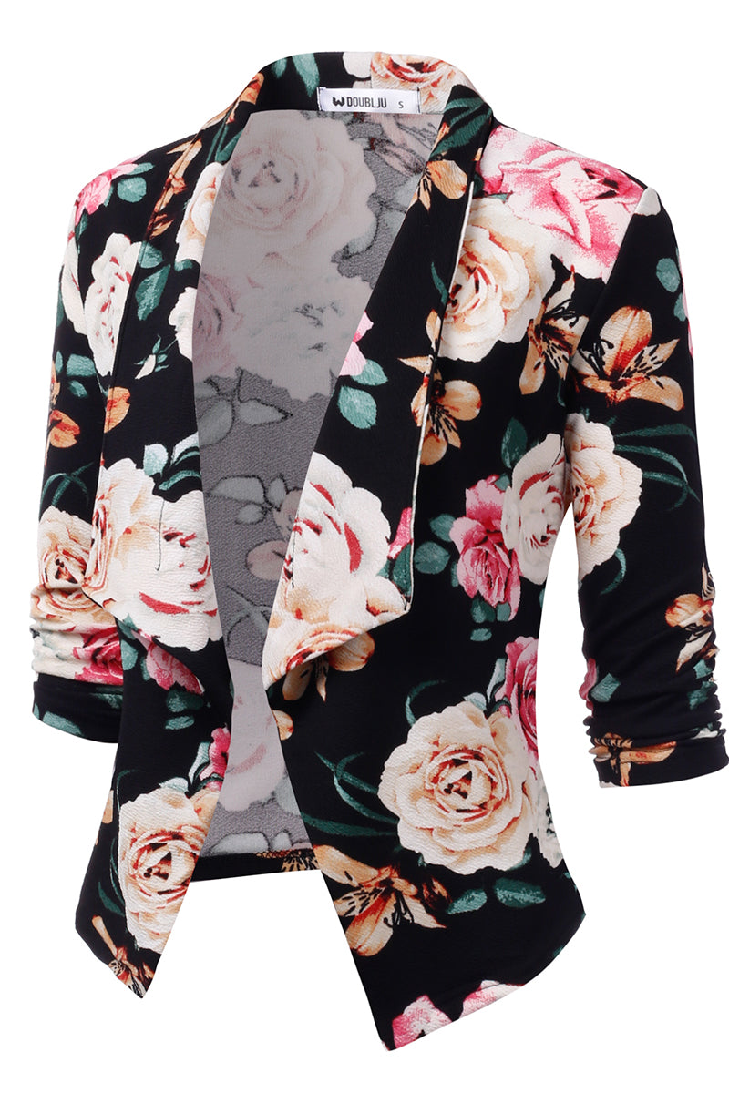 WOMEN'S CASUAL WORK RUCHED 3/4 SLEEVE OPEN FRONT BLAZER JACKET WITH PLUS SIZE