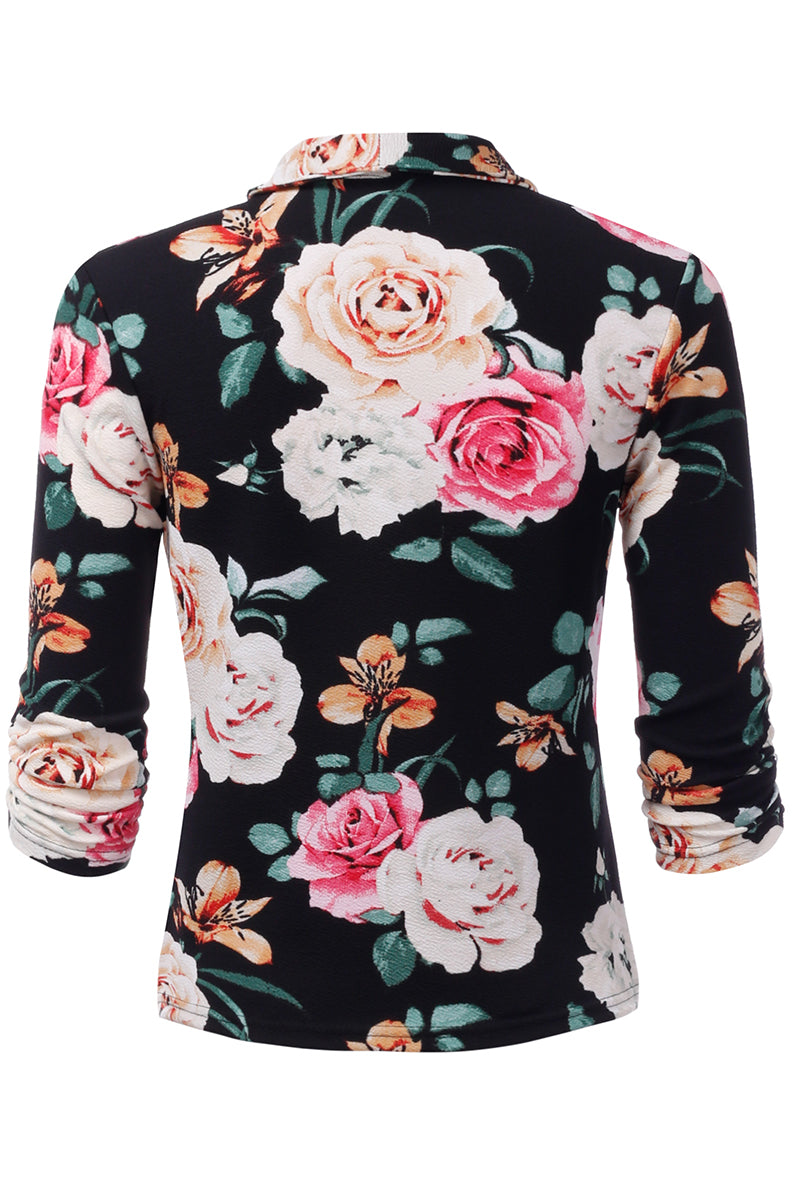 WOMEN'S CASUAL WORK RUCHED 3/4 SLEEVE OPEN FRONT BLAZER JACKET WITH PLUS SIZE