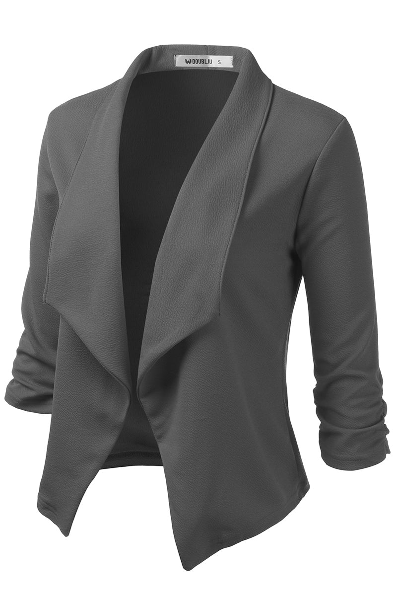 WOMEN'S CASUAL WORK RUCHED 3/4 SLEEVE OPEN FRONT BLAZER JACKET WITH PLUS SIZE