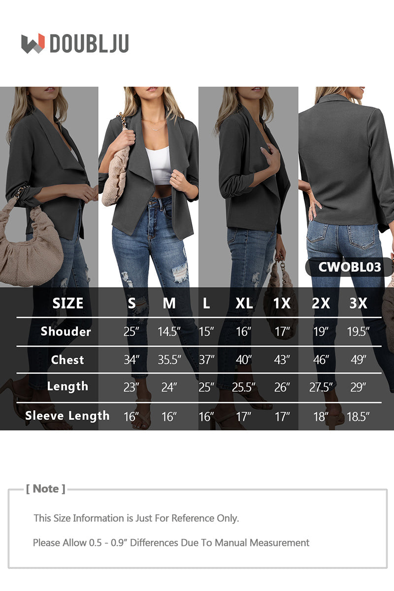 WOMEN'S CASUAL WORK RUCHED 3/4 SLEEVE OPEN FRONT BLAZER JACKET WITH PLUS SIZE