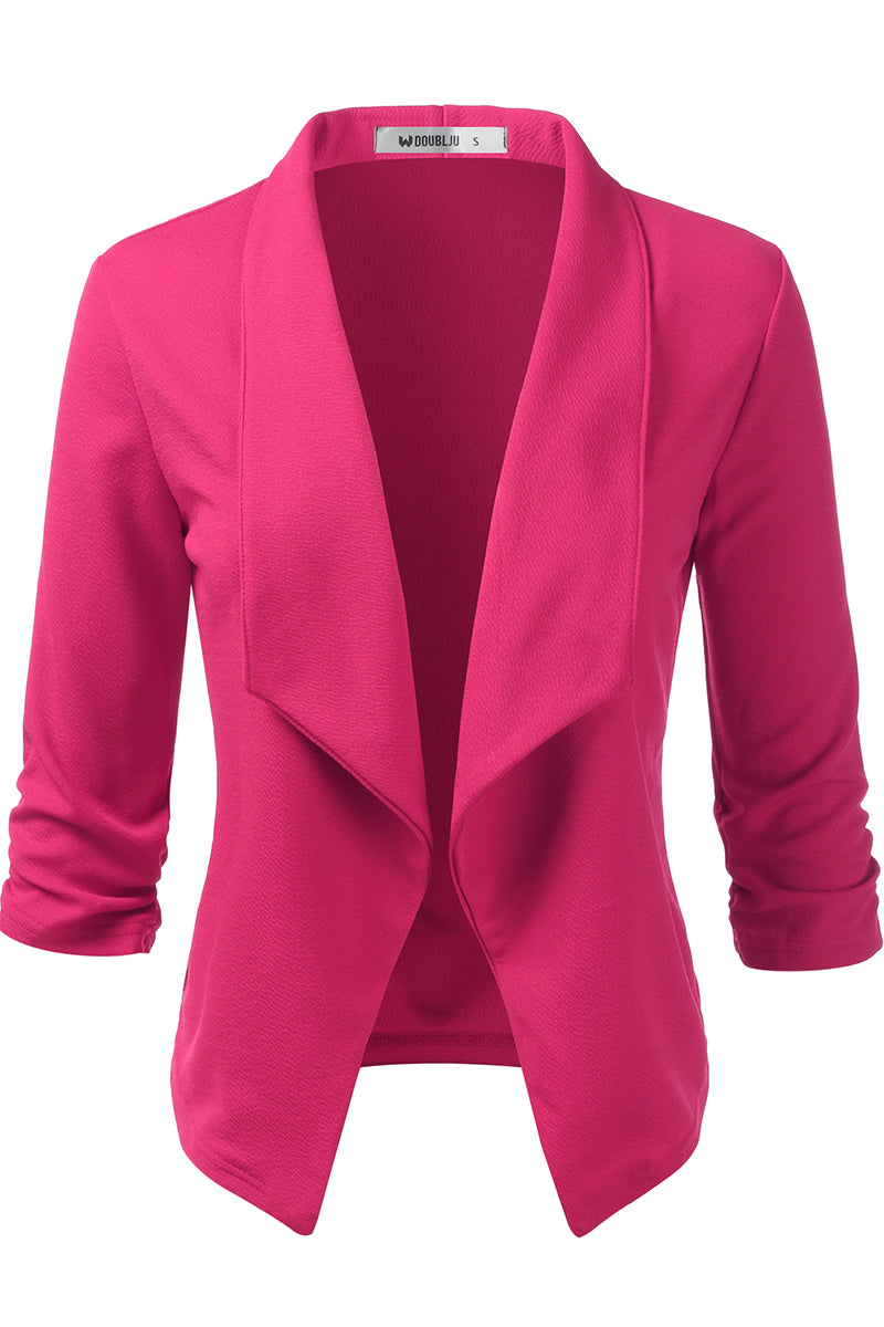 WOMEN'S CASUAL WORK RUCHED 3/4 SLEEVE OPEN FRONT BLAZER JACKET WITH PLUS SIZE