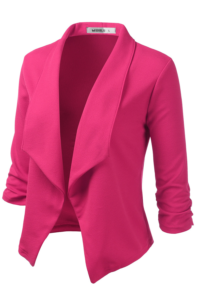 WOMEN'S CASUAL WORK RUCHED 3/4 SLEEVE OPEN FRONT BLAZER JACKET WITH PLUS SIZE