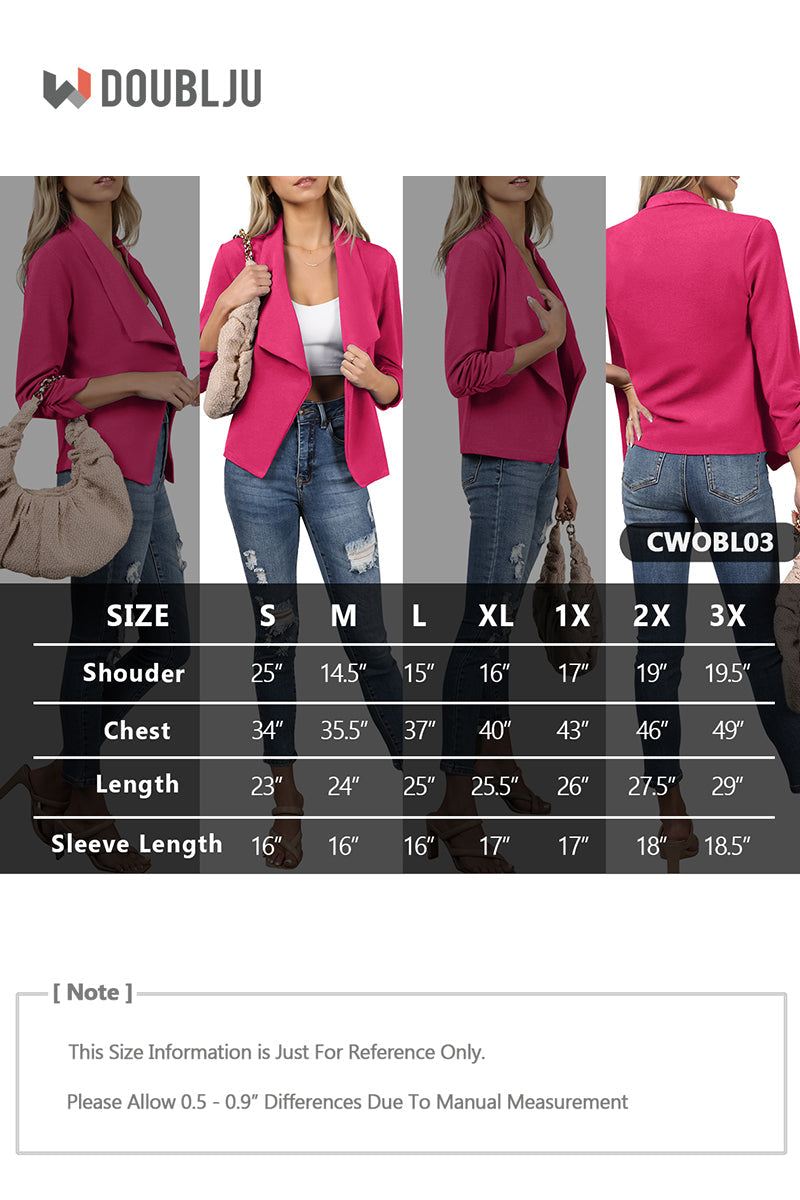 WOMEN'S CASUAL WORK RUCHED 3/4 SLEEVE OPEN FRONT BLAZER JACKET WITH PLUS SIZE
