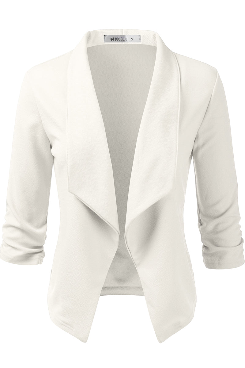 WOMEN'S CASUAL WORK RUCHED 3/4 SLEEVE OPEN FRONT BLAZER JACKET WITH PLUS SIZE
