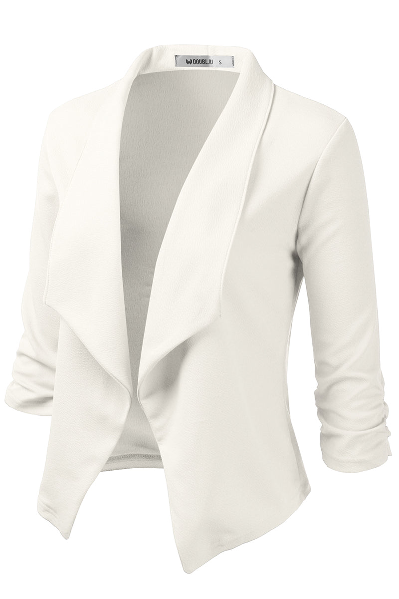 WOMEN'S CASUAL WORK RUCHED 3/4 SLEEVE OPEN FRONT BLAZER JACKET WITH PLUS SIZE