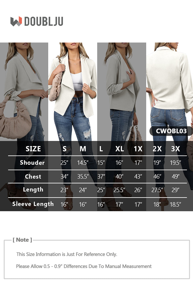 WOMEN'S CASUAL WORK RUCHED 3/4 SLEEVE OPEN FRONT BLAZER JACKET WITH PLUS SIZE