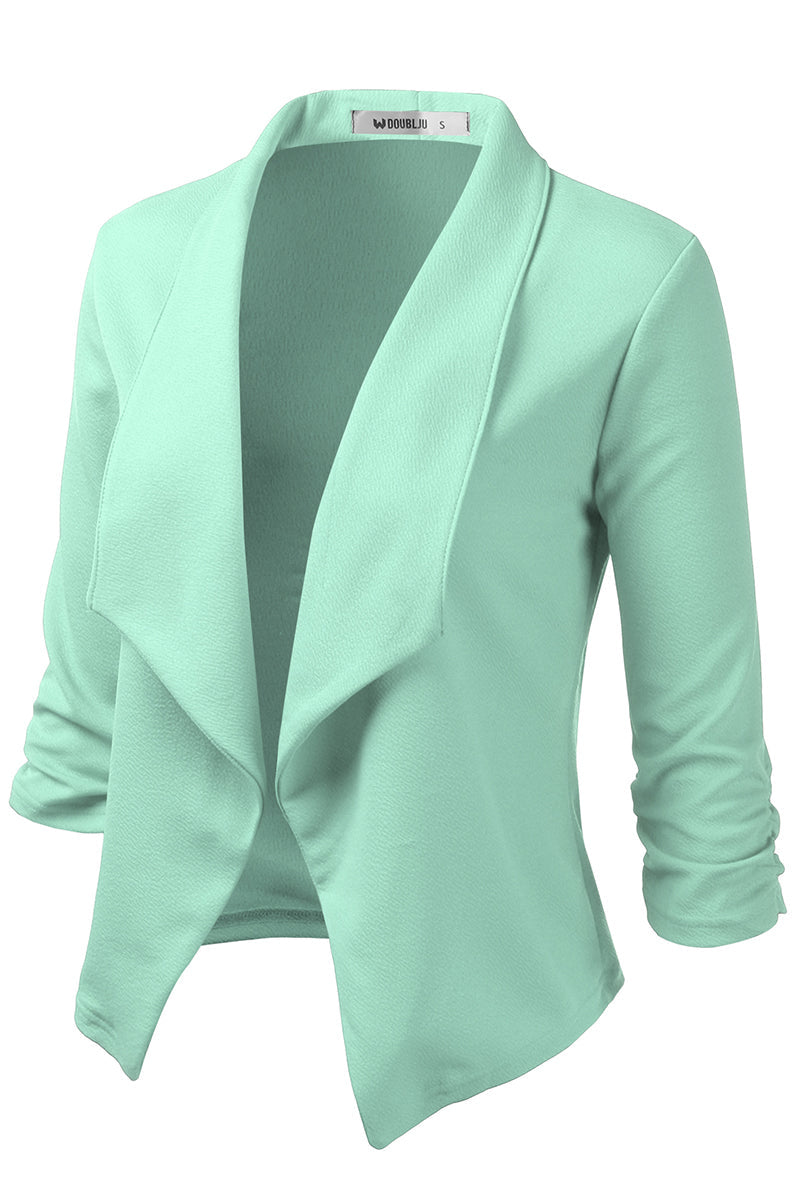 WOMEN'S CASUAL WORK RUCHED 3/4 SLEEVE OPEN FRONT BLAZER JACKET WITH PLUS SIZE