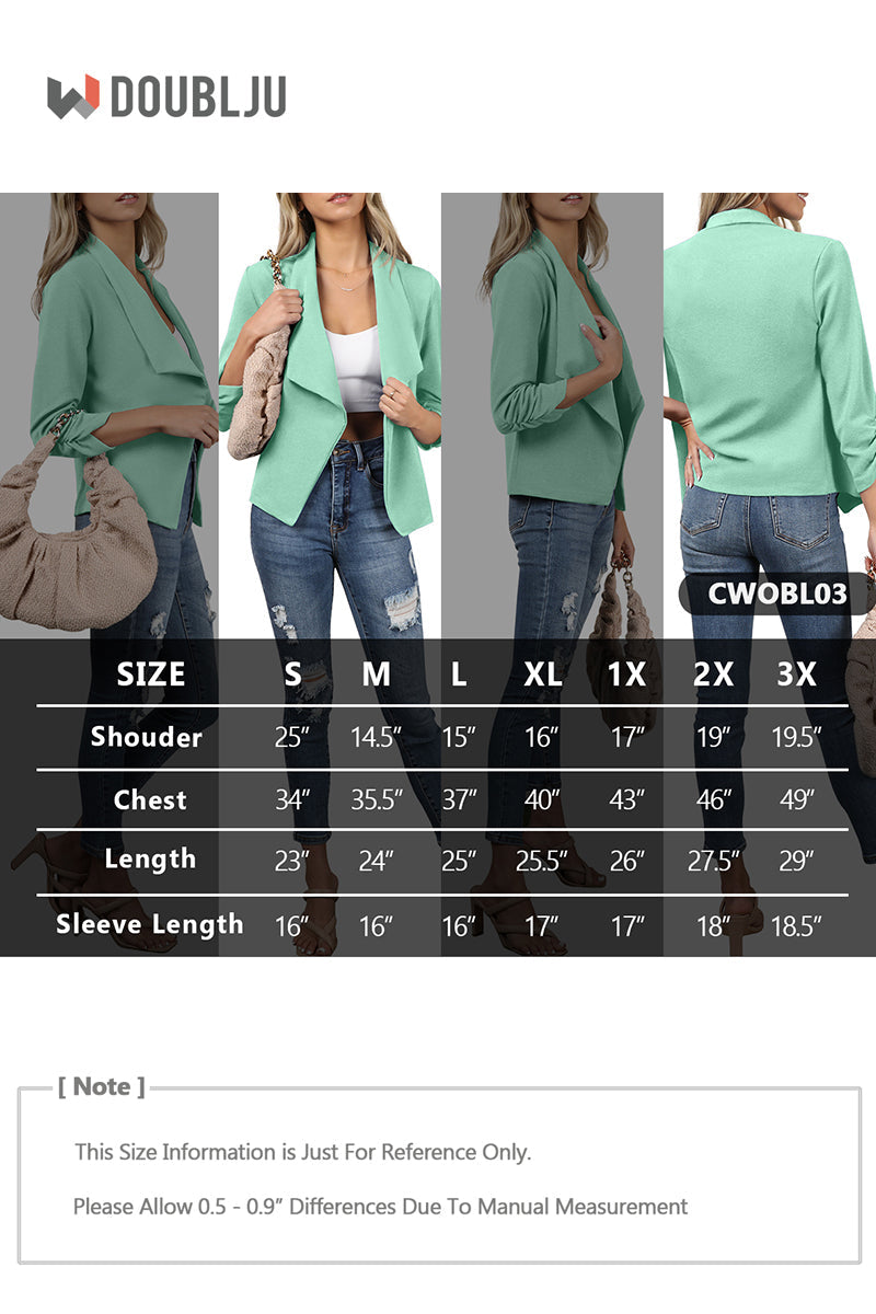 WOMEN'S CASUAL WORK RUCHED 3/4 SLEEVE OPEN FRONT BLAZER JACKET WITH PLUS SIZE