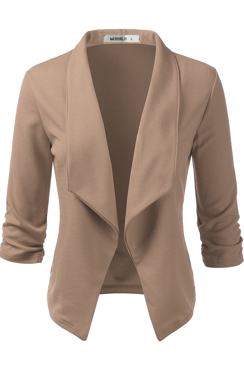 WOMEN'S CASUAL WORK RUCHED 3/4 SLEEVE OPEN FRONT BLAZER JACKET WITH PLUS SIZE