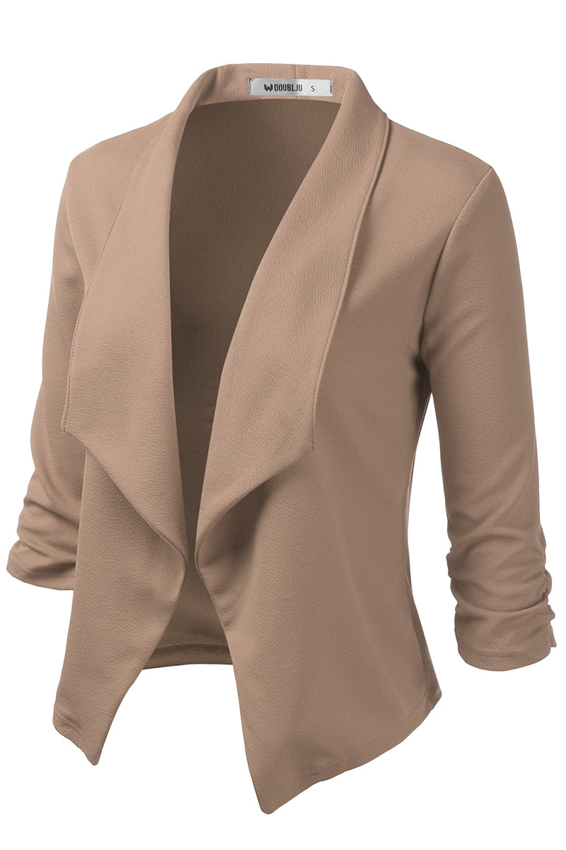 WOMEN'S CASUAL WORK RUCHED 3/4 SLEEVE OPEN FRONT BLAZER JACKET WITH PLUS SIZE