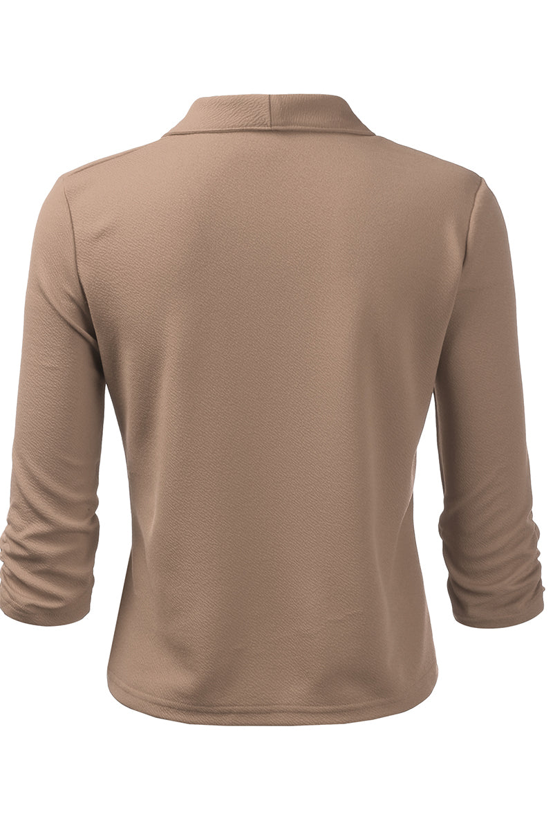 WOMEN'S CASUAL WORK RUCHED 3/4 SLEEVE OPEN FRONT BLAZER JACKET WITH PLUS SIZE