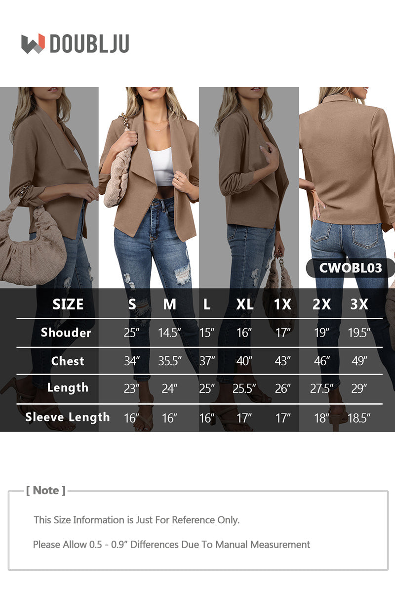 WOMEN'S CASUAL WORK RUCHED 3/4 SLEEVE OPEN FRONT BLAZER JACKET WITH PLUS SIZE