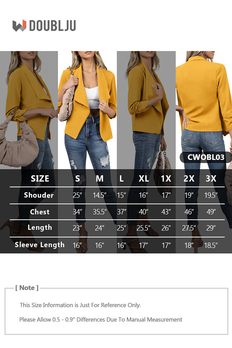 WOMEN'S CASUAL WORK RUCHED 3/4 SLEEVE OPEN FRONT BLAZER JACKET WITH PLUS SIZE