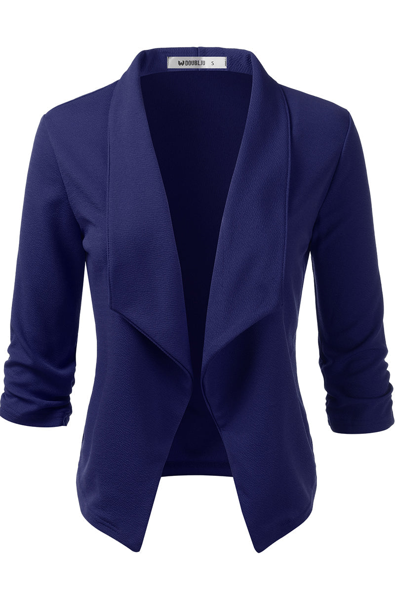 WOMEN'S CASUAL WORK RUCHED 3/4 SLEEVE OPEN FRONT BLAZER JACKET WITH PLUS SIZE
