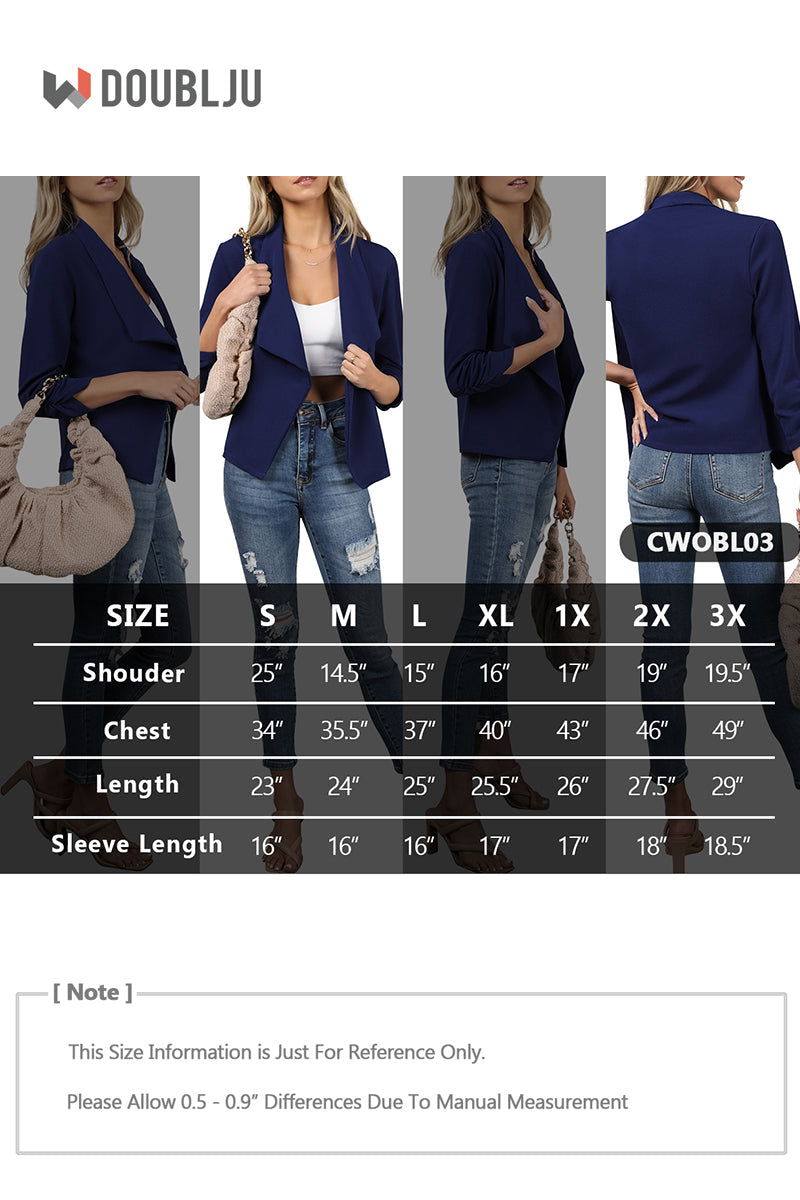 WOMEN'S CASUAL WORK RUCHED 3/4 SLEEVE OPEN FRONT BLAZER JACKET WITH PLUS SIZE