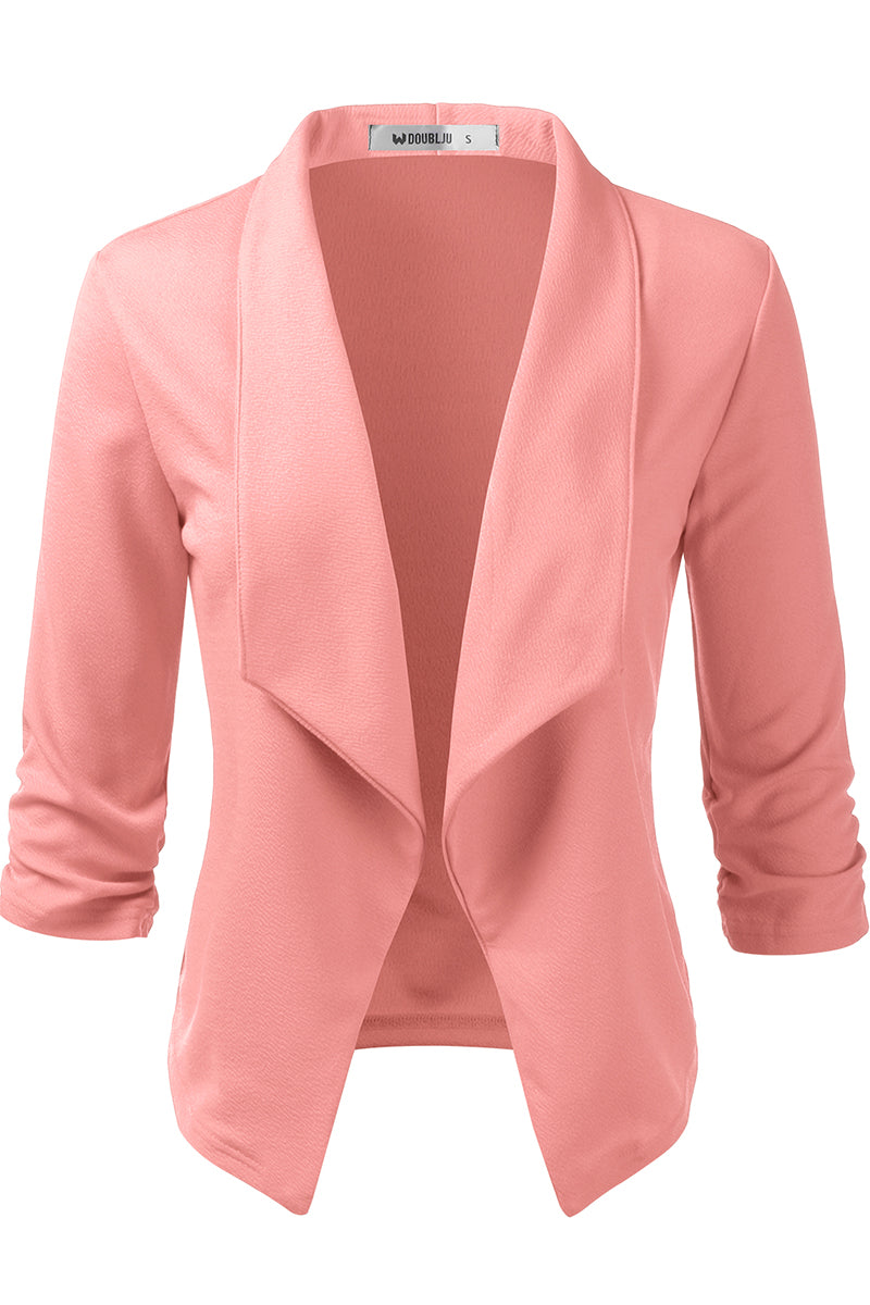 WOMEN'S CASUAL WORK RUCHED 3/4 SLEEVE OPEN FRONT BLAZER JACKET WITH PLUS SIZE