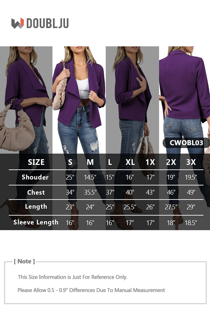 WOMEN'S CASUAL WORK RUCHED 3/4 SLEEVE OPEN FRONT BLAZER JACKET WITH PLUS SIZE