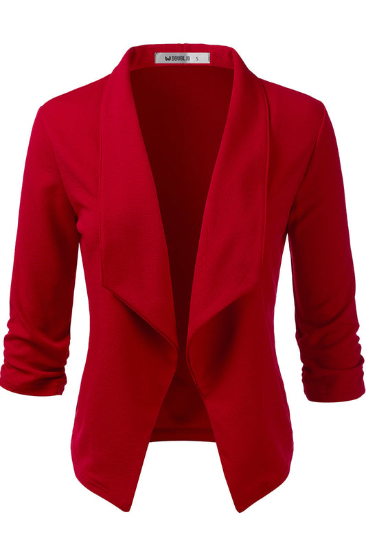 WOMEN'S CASUAL WORK RUCHED 3/4 SLEEVE OPEN FRONT BLAZER JACKET WITH PLUS SIZE