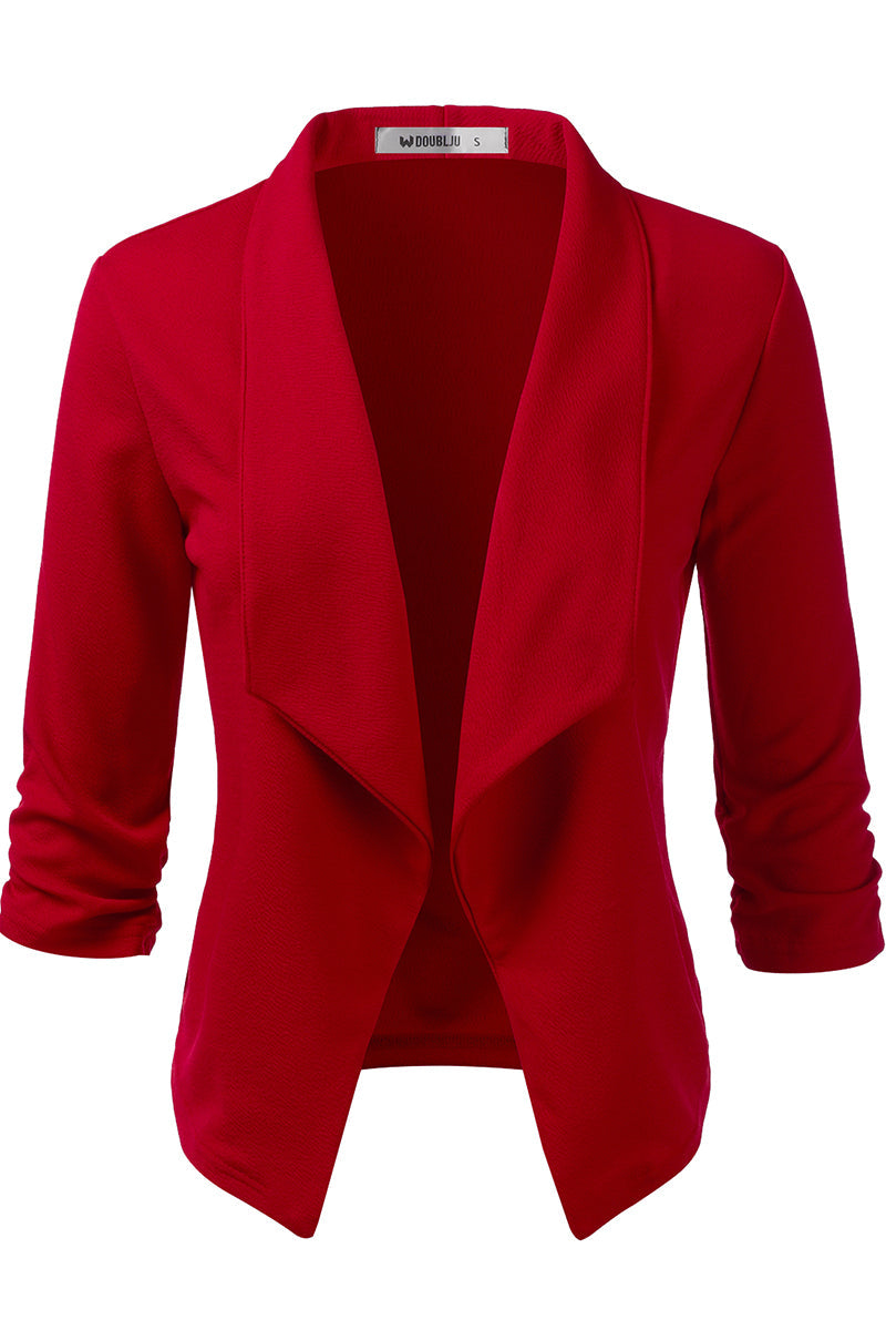 WOMEN'S CASUAL WORK RUCHED 3/4 SLEEVE OPEN FRONT BLAZER JACKET WITH PLUS SIZE