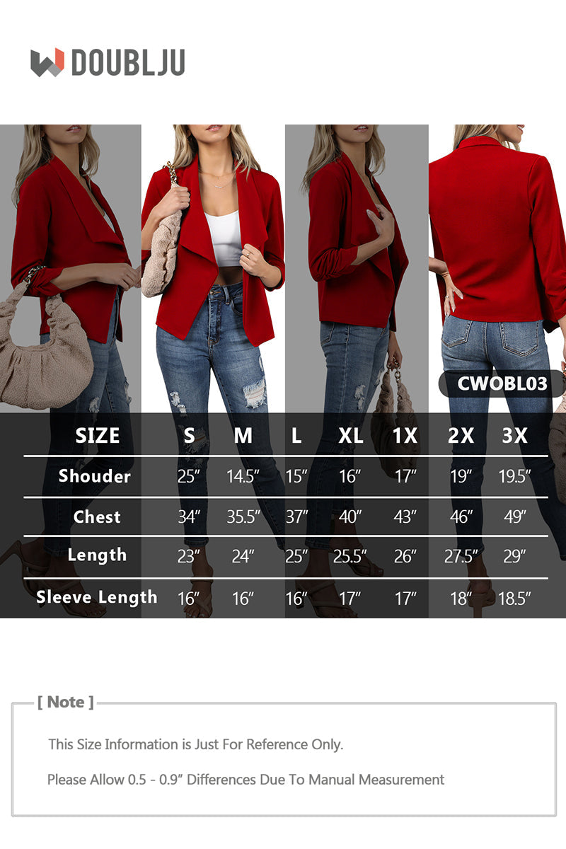 WOMEN'S CASUAL WORK RUCHED 3/4 SLEEVE OPEN FRONT BLAZER JACKET WITH PLUS SIZE