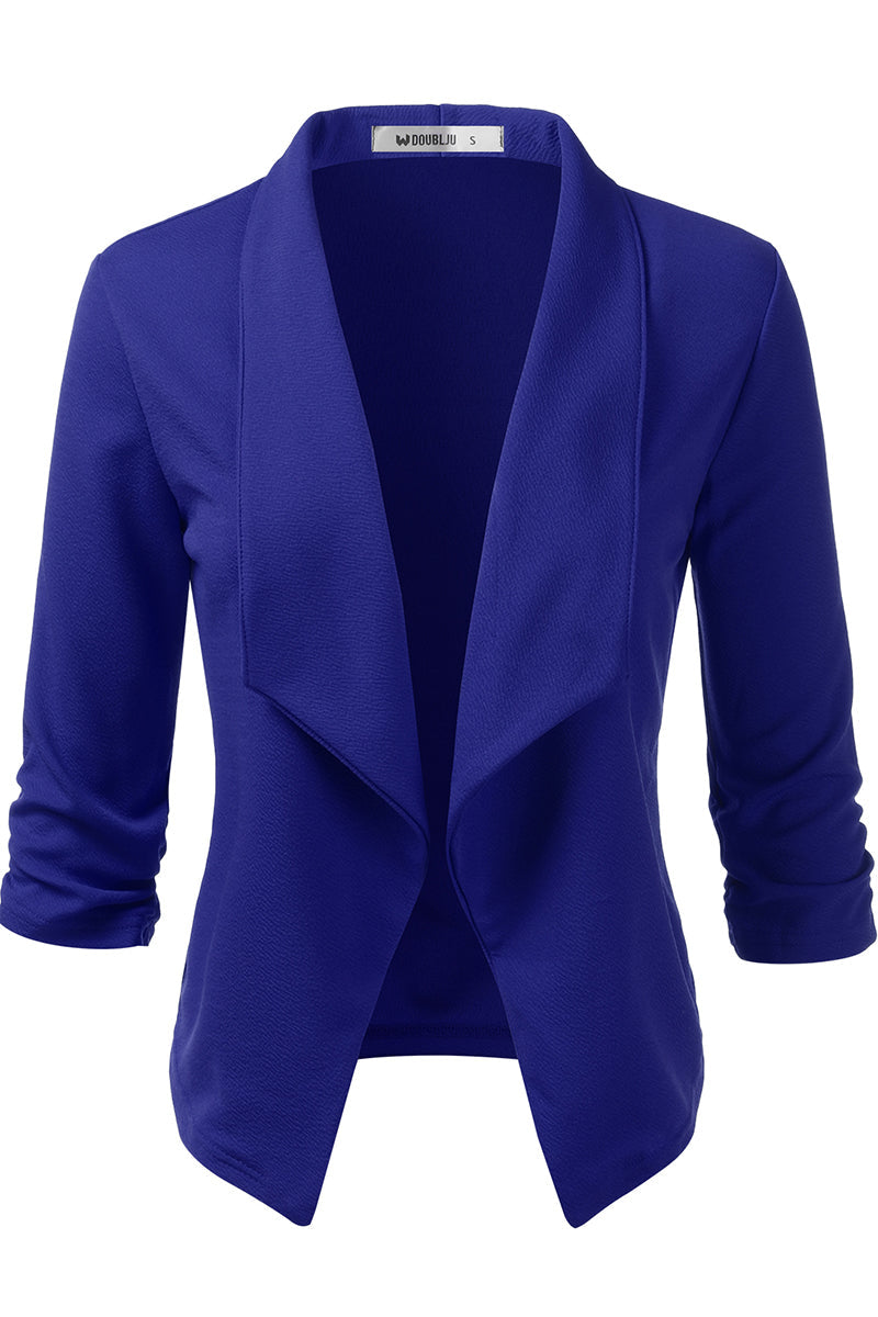 WOMEN'S CASUAL WORK RUCHED 3/4 SLEEVE OPEN FRONT BLAZER JACKET WITH PLUS SIZE