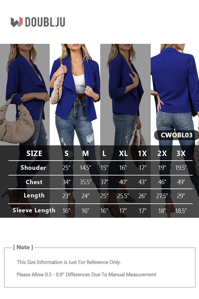 WOMEN'S CASUAL WORK RUCHED 3/4 SLEEVE OPEN FRONT BLAZER JACKET WITH PLUS SIZE