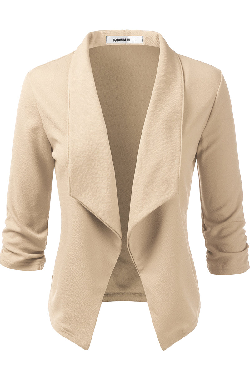 WOMEN'S CASUAL WORK RUCHED 3/4 SLEEVE OPEN FRONT BLAZER JACKET WITH PLUS SIZE