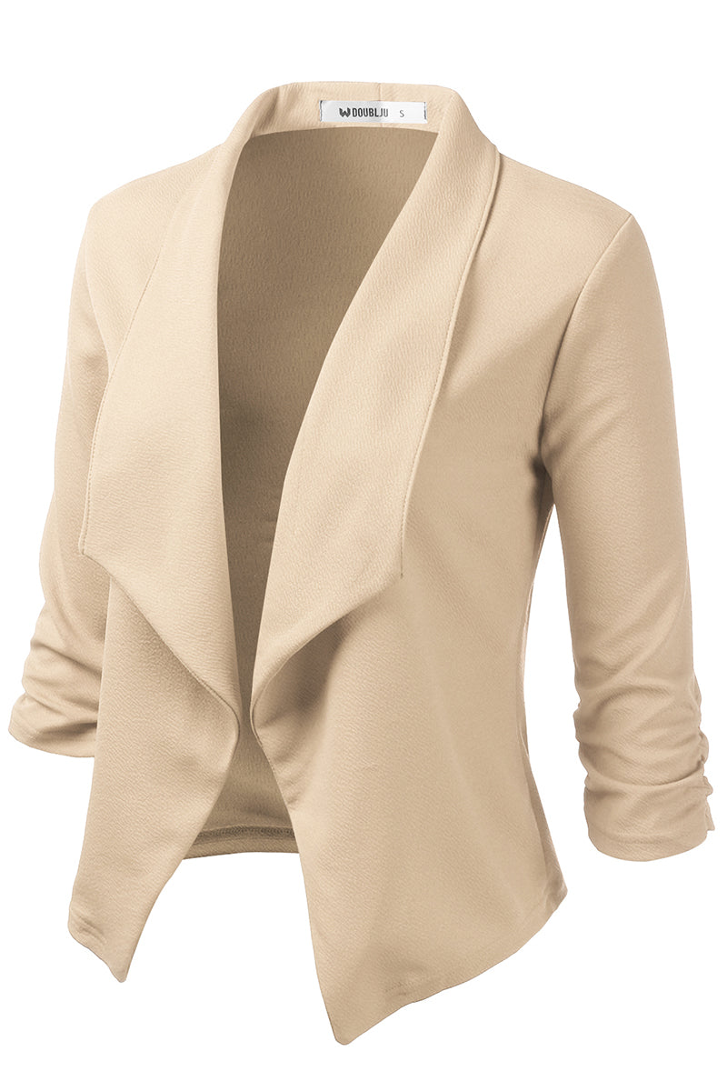 WOMEN'S CASUAL WORK RUCHED 3/4 SLEEVE OPEN FRONT BLAZER JACKET WITH PLUS SIZE