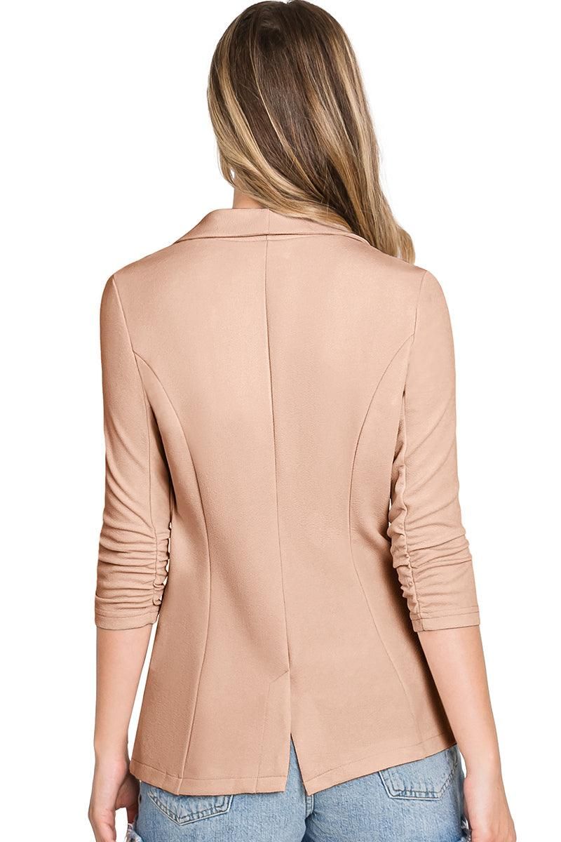 ONE BUTTON WITH SHIRRING DETAILED SLEEVE BLAZER - Doublju