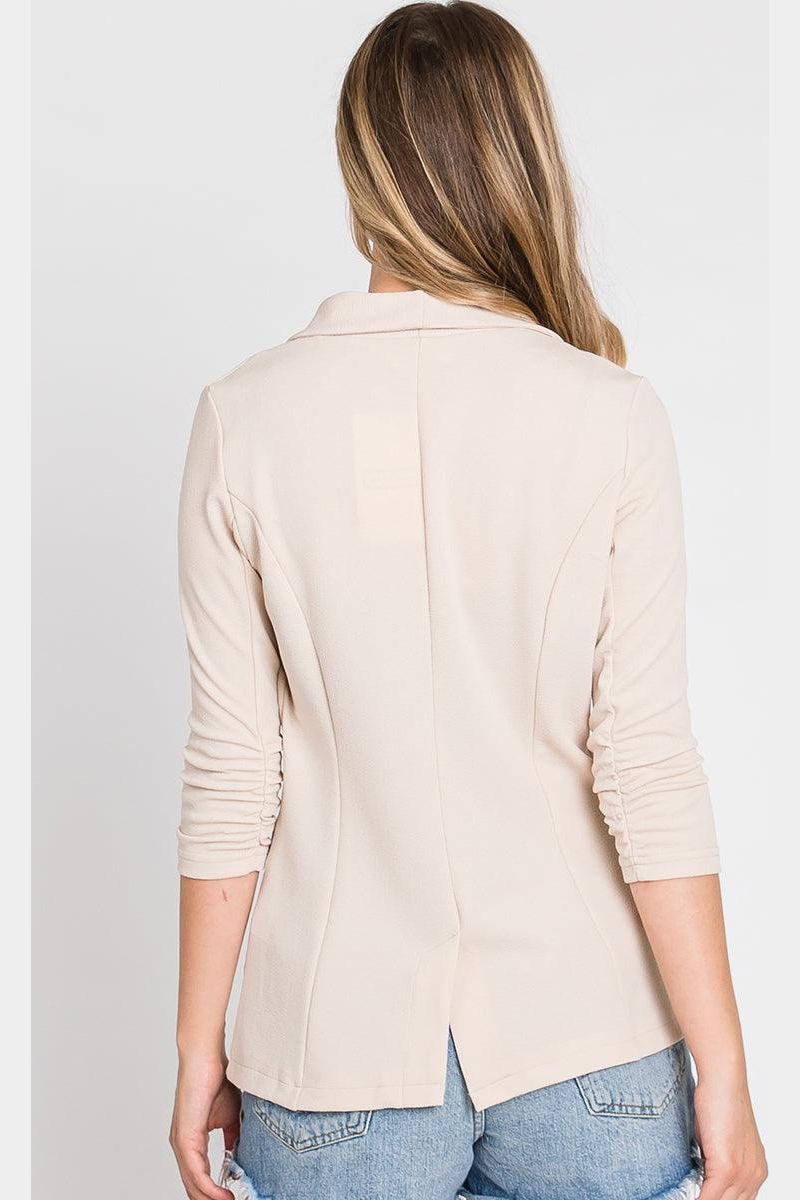 ONE BUTTON WITH SHIRRING DETAILED SLEEVE BLAZER - Doublju