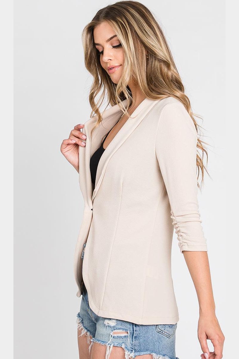 ONE BUTTON WITH SHIRRING DETAILED SLEEVE BLAZER - Doublju